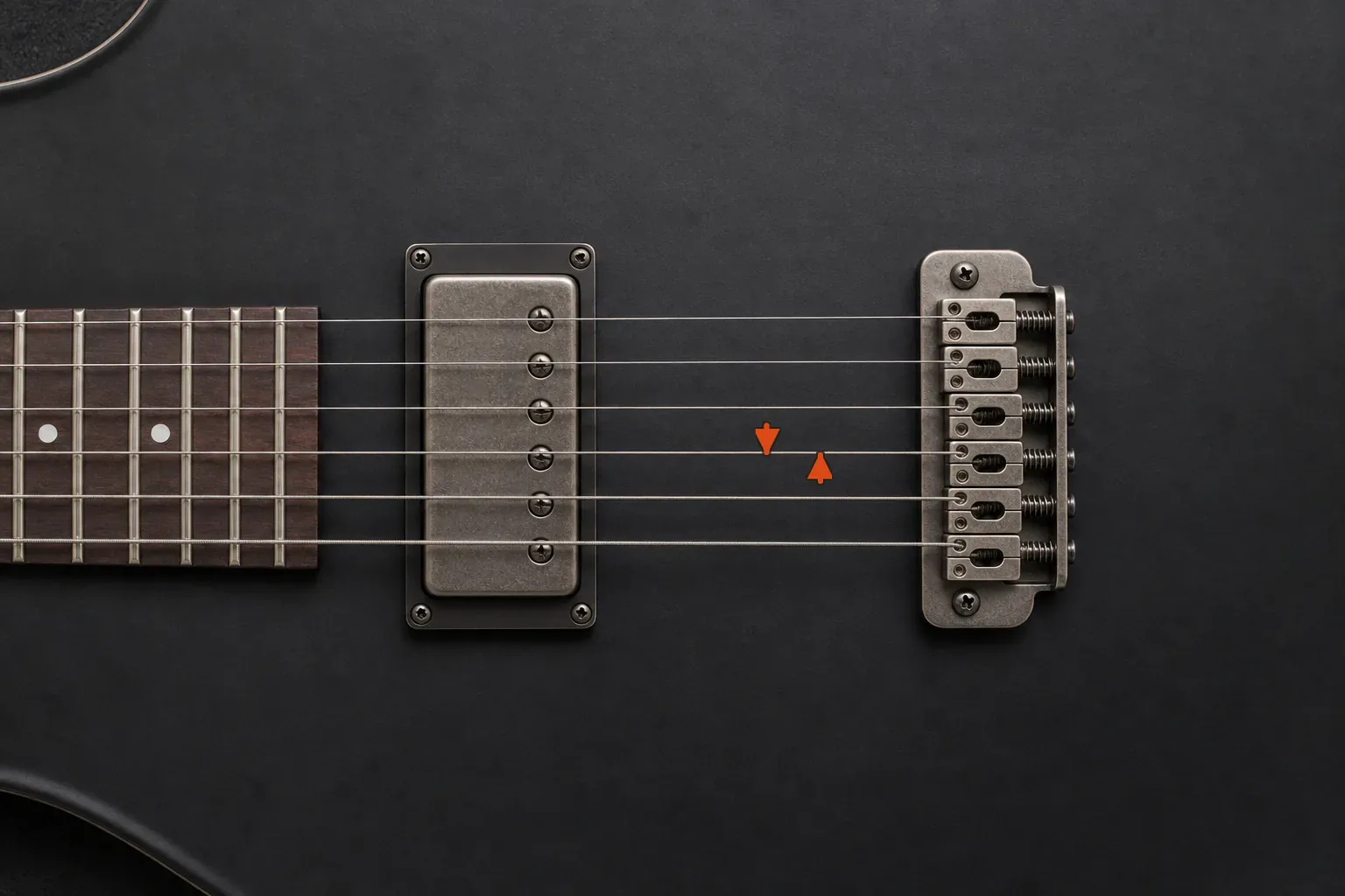 Six-string electric guitar bridge with opposing orange arrows marking alternate strokes around one string