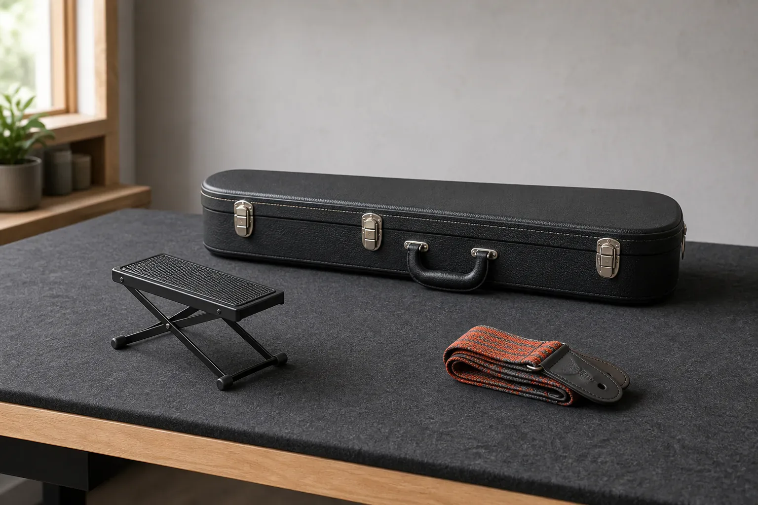 Closed guitar case beside a low footstool and folded strap on a neutral studio floor