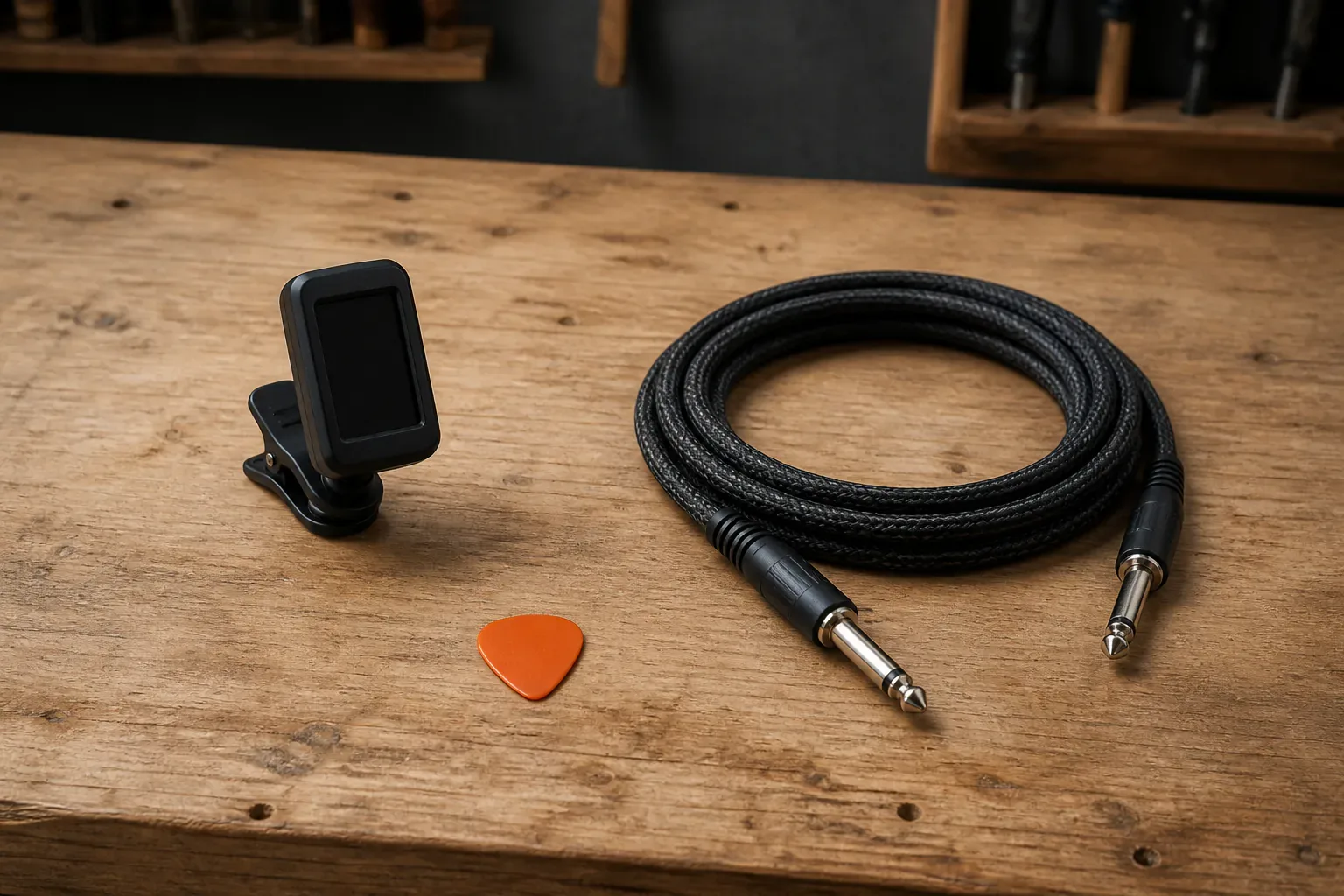 Blank clip-on tuner, orange guitar pick and coiled instrument cable arranged on a wooden bench