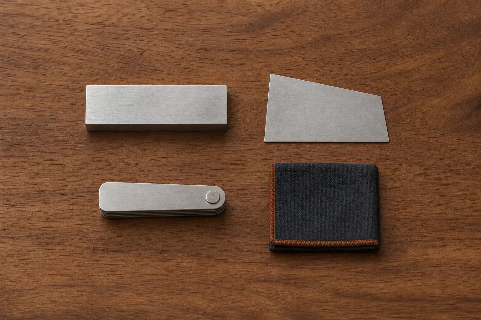 Unbranded metal fret inspection tools and a folded cloth arranged on a luthier bench