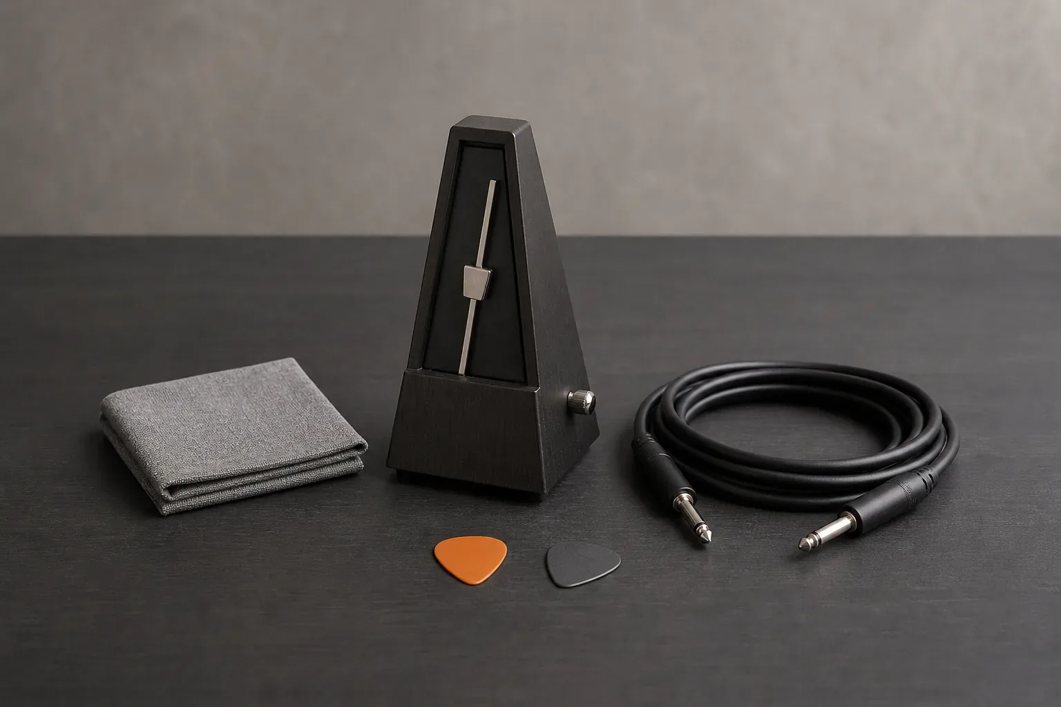 Blank mechanical metronome, two guitar picks, folded cloth and coiled cable on a wooden floor