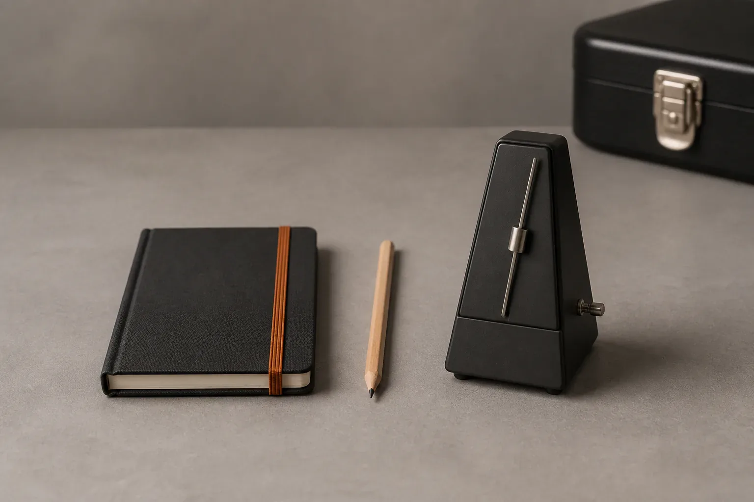Blank notebook, pencil and mechanical metronome beside a closed guitar case on a wooden floor