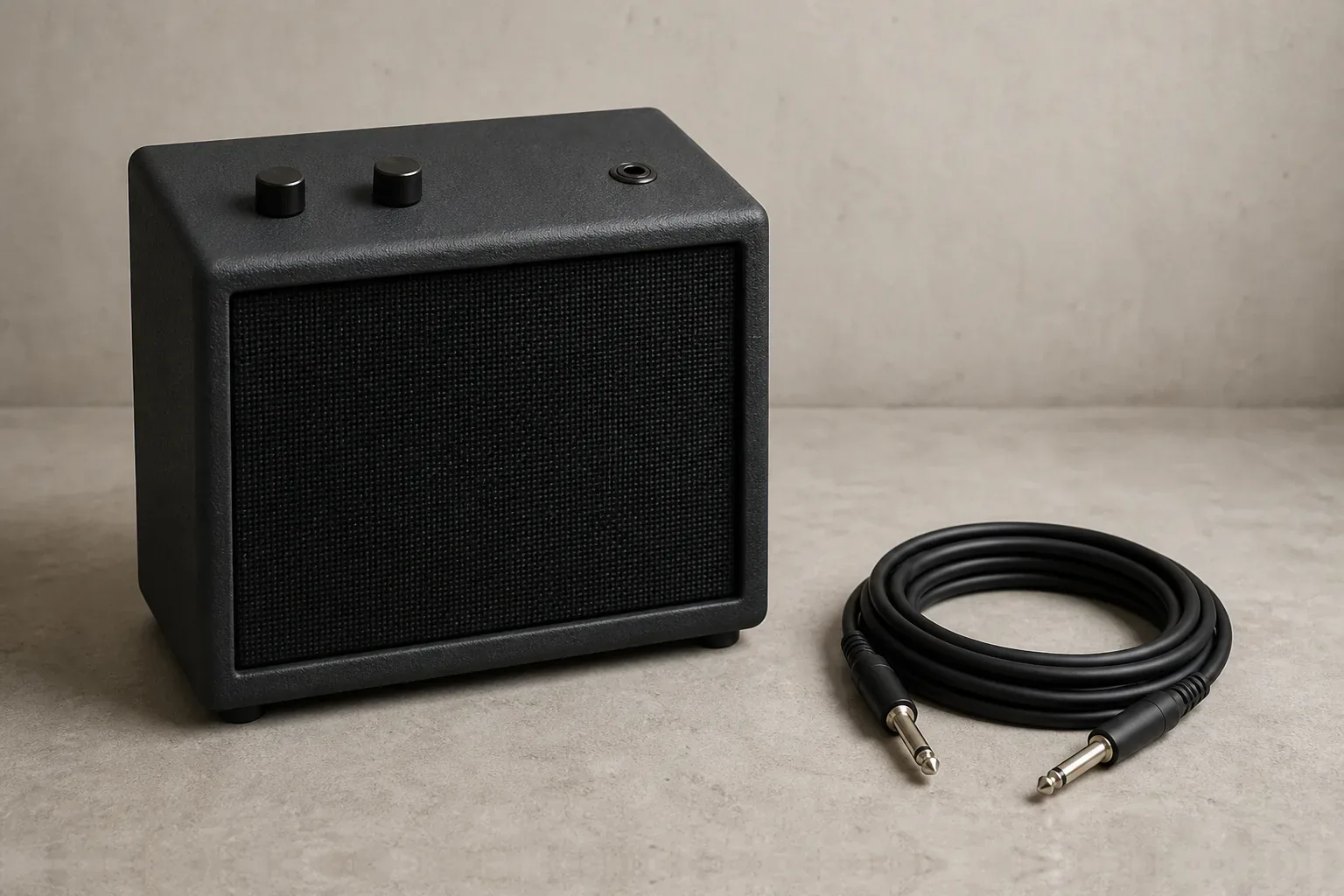 Small unbranded practice amplifier and a separate coiled instrument cable on a wooden floor