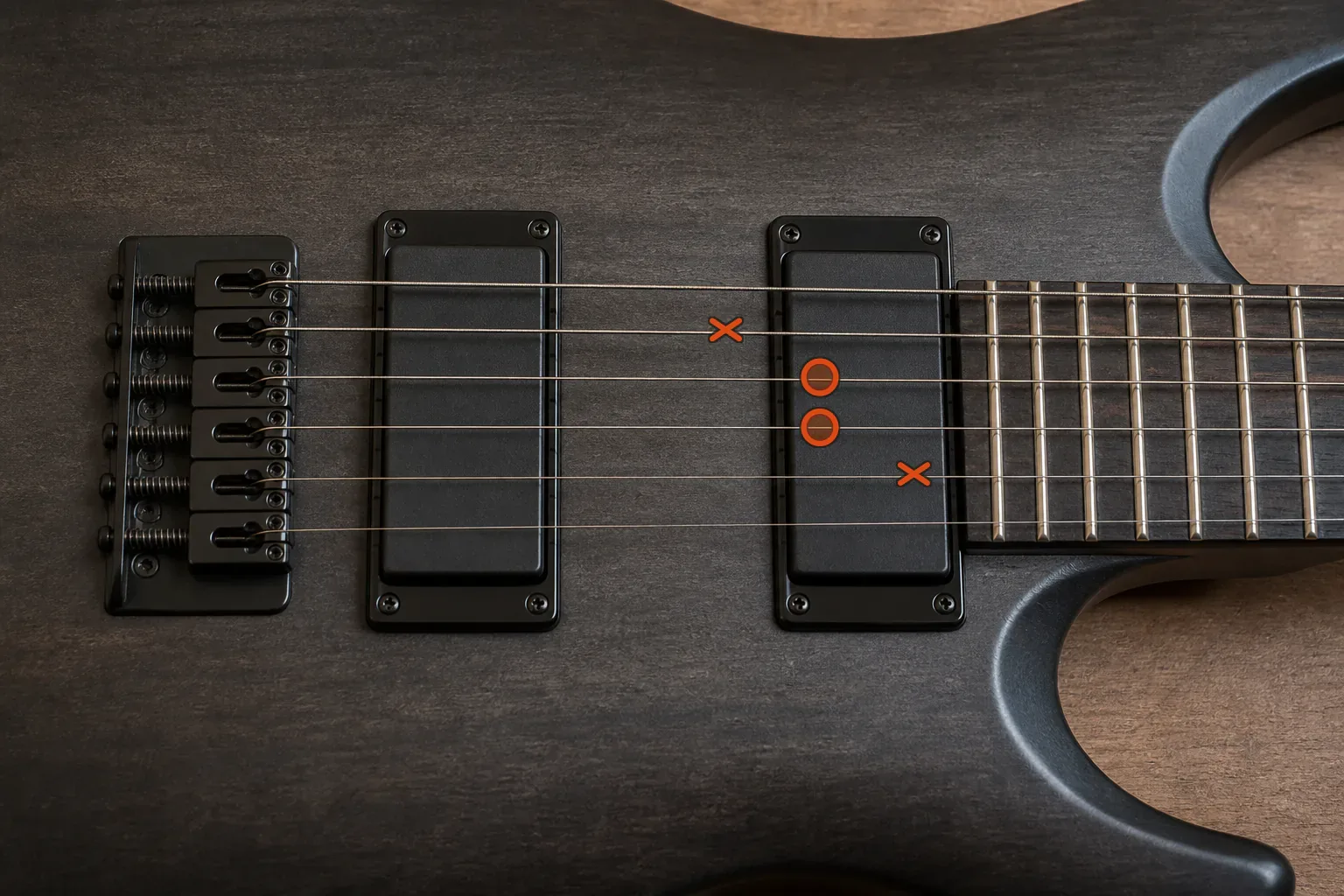 Six-string electric guitar viewed from above with orange circles on two adjacent strings and crosses on the surrounding strings