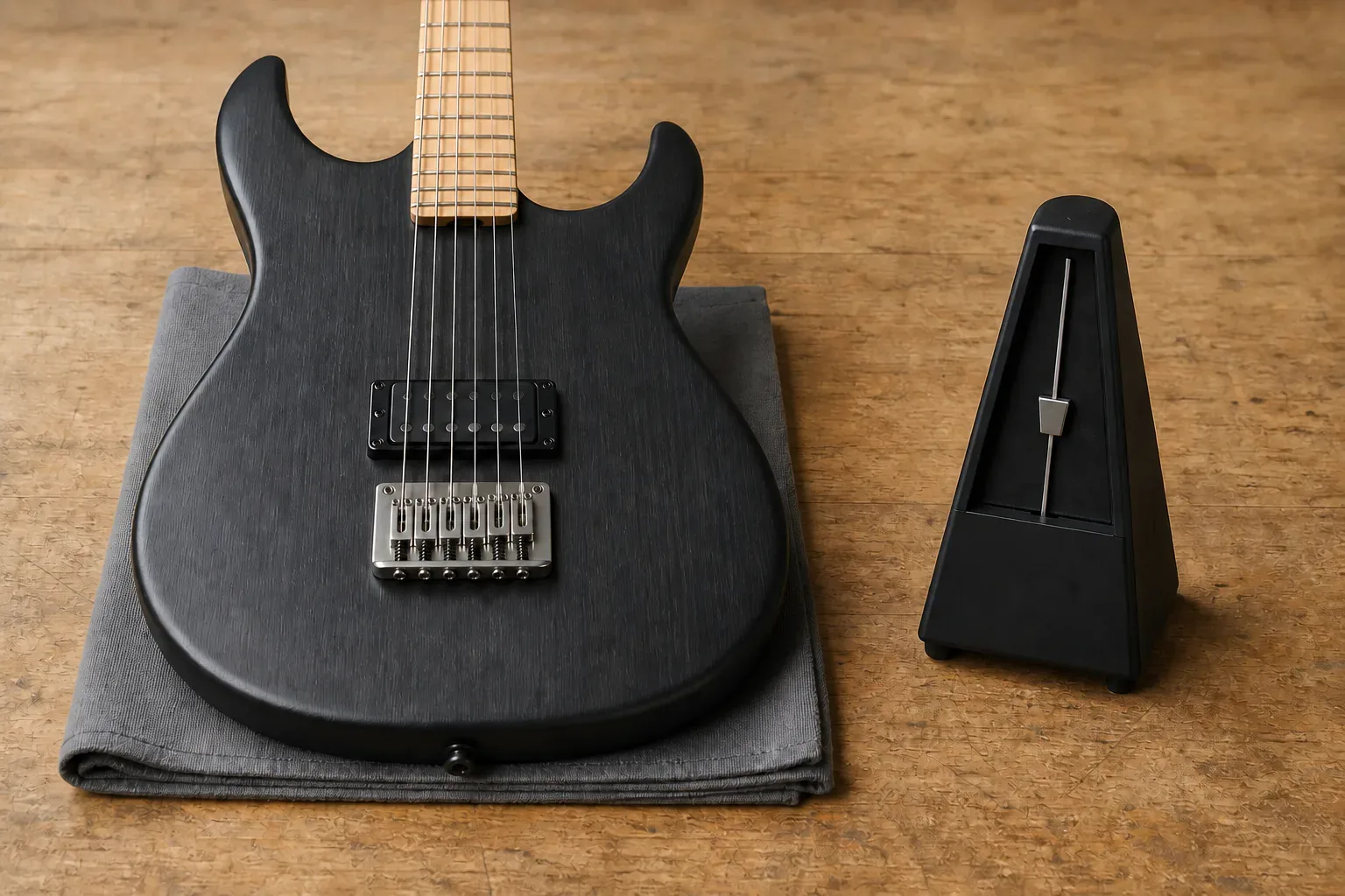 Six-string electric guitar beside a blank mechanical metronome on a wooden practice bench