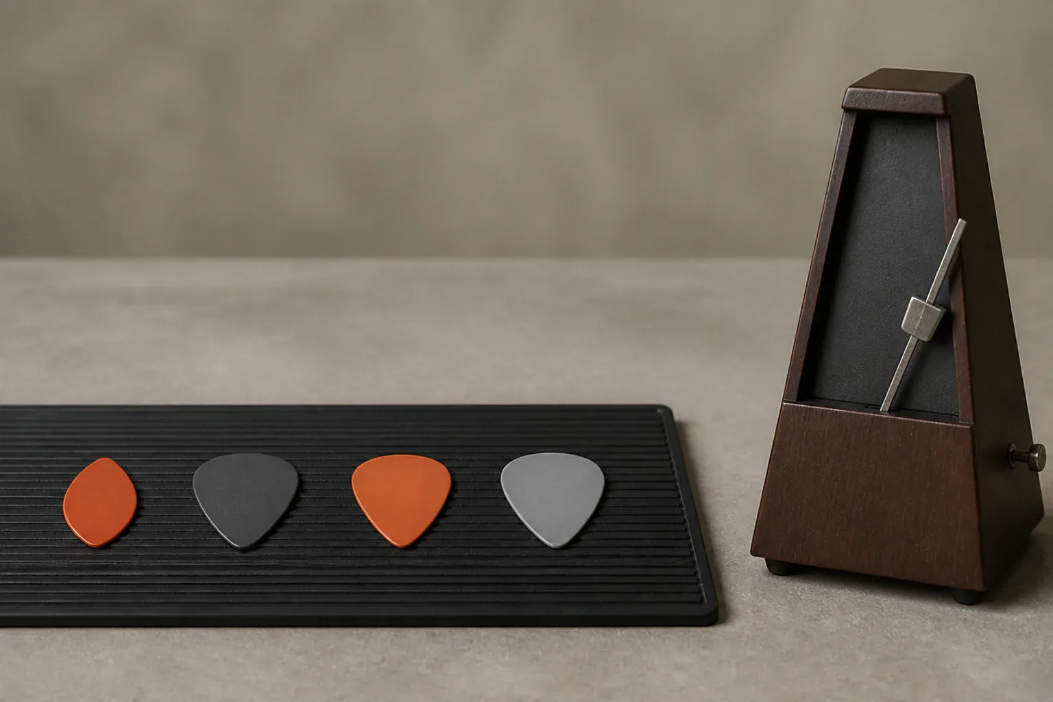 Four distinct guitar picks beside a blank mechanical metronome on a ribbed practice mat