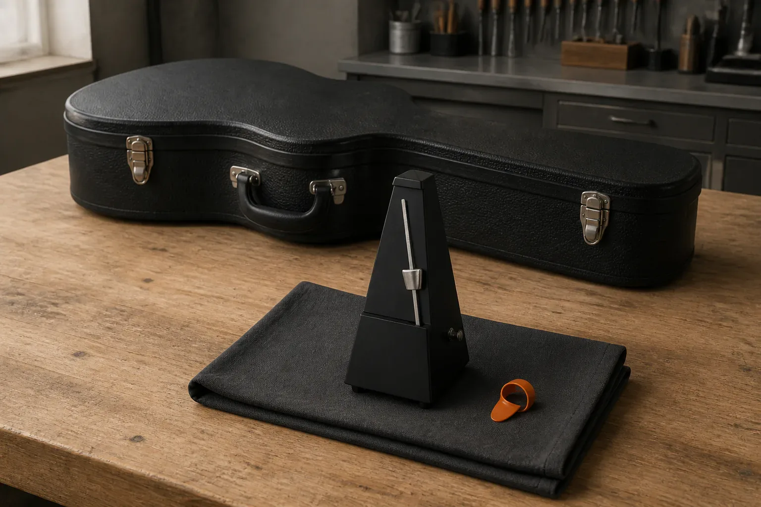 Blank mechanical metronome and orange thumbpick beside a closed guitar case on a folded cloth