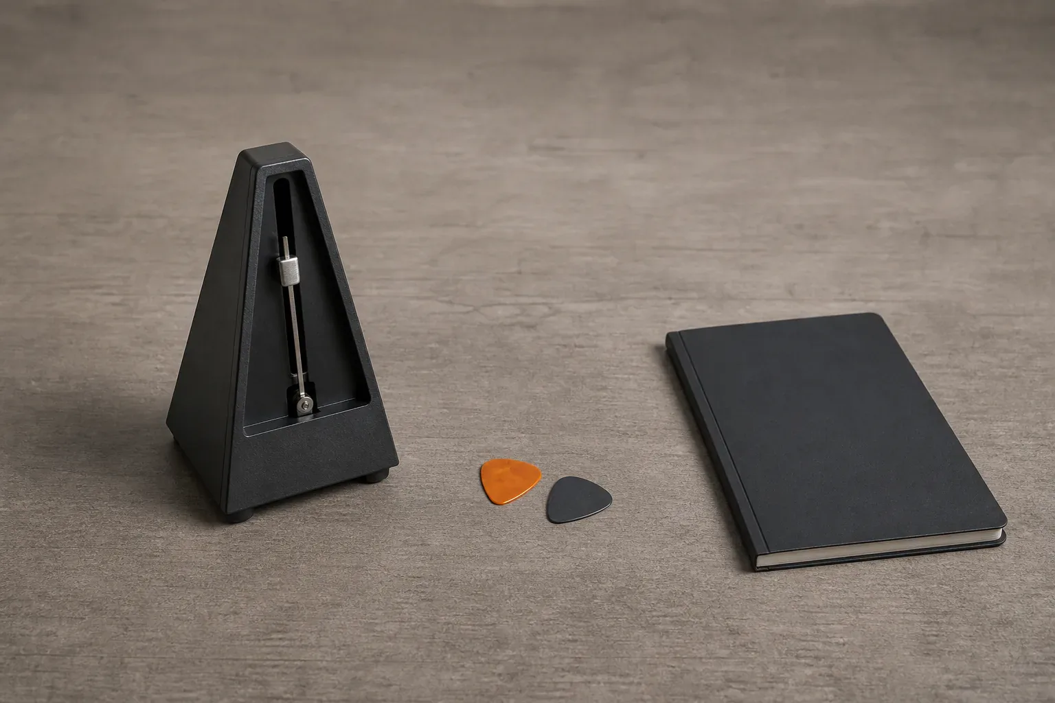 Functional blank mechanical metronome, two guitar picks and a closed notebook on a wooden bench