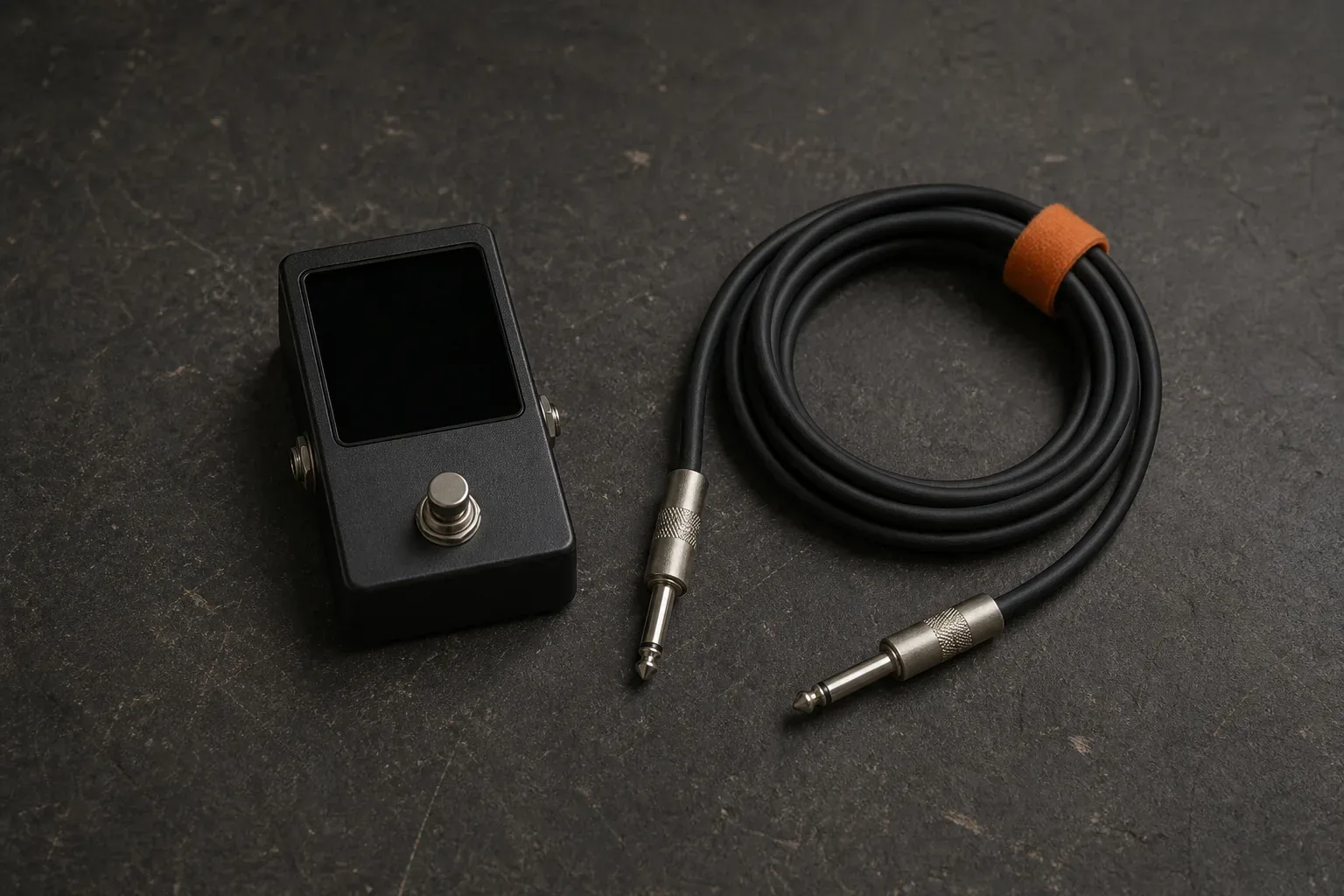 Blank tuner pedal and a coiled instrument cable with two plugs arranged on a wooden bench