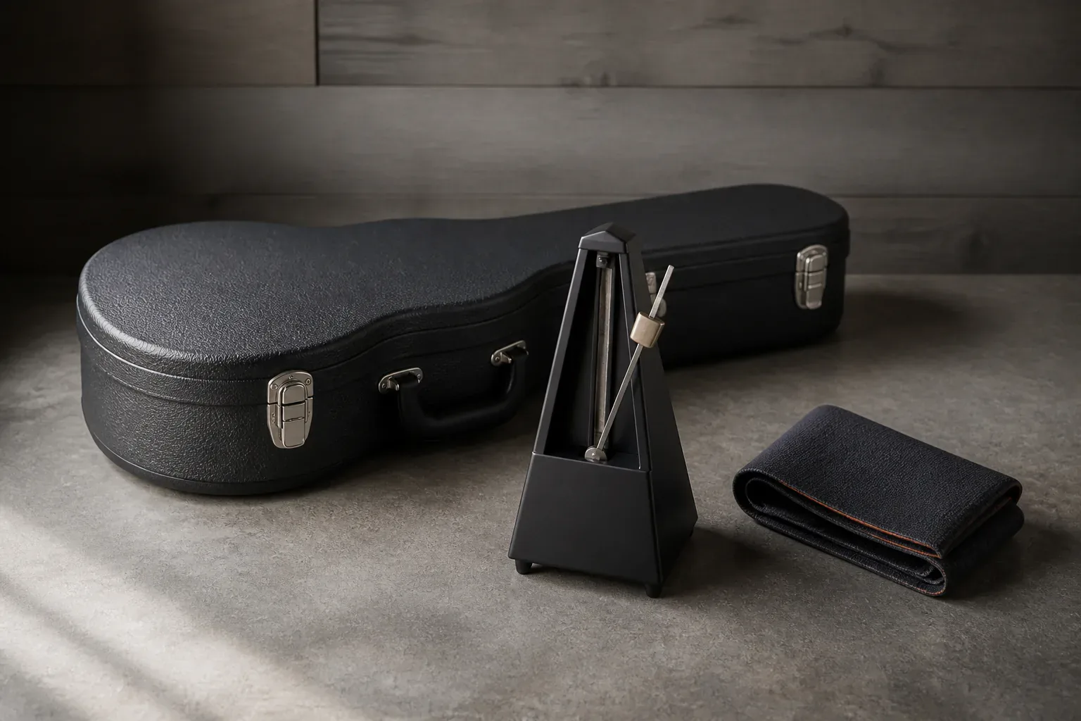 Functional blank mechanical metronome, folded cloth and closed guitar case on a wooden floor