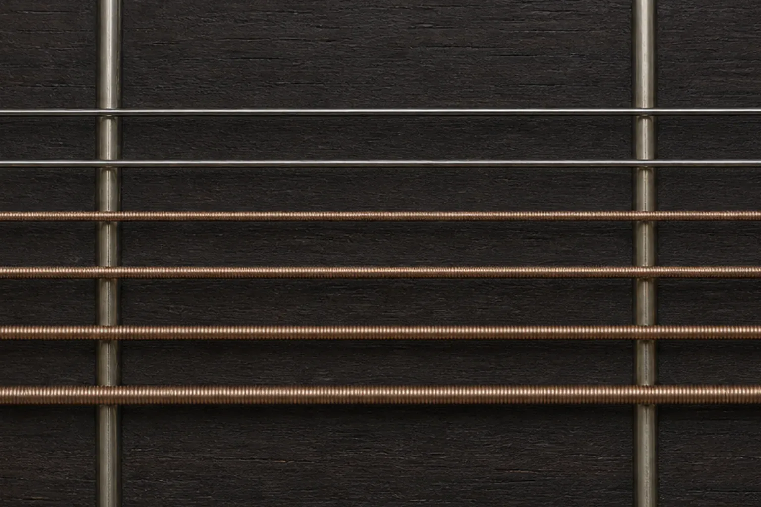 Close overhead view of two plain and four wound acoustic guitar strings crossing a dark fretboard