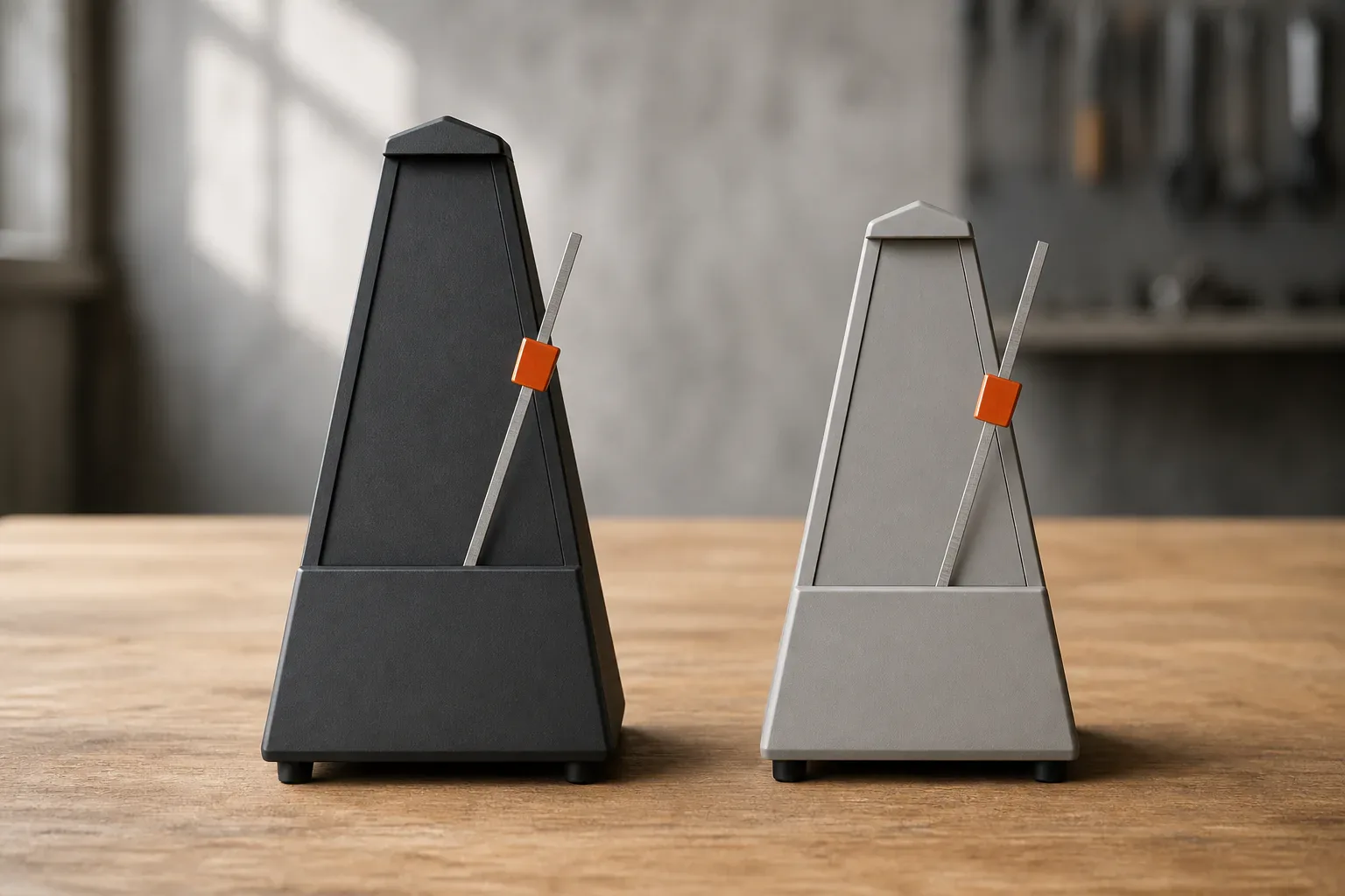 Two separate blank mechanical metronomes with pendulums at different angles on a wooden surface