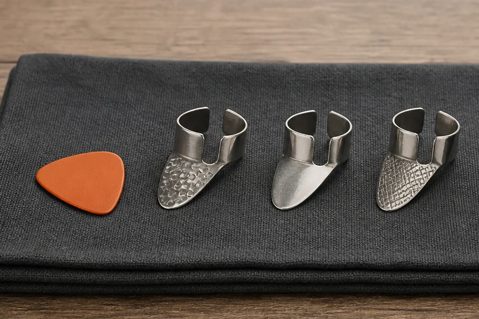 One orange flat pick and three open-band metal fingerpicks resting separately on dark cloth