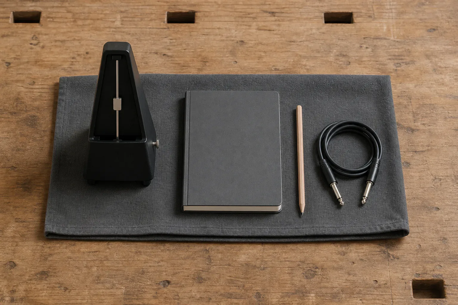 Blank mechanical metronome, closed notebook, pencil and coiled instrument cable on a wooden bench