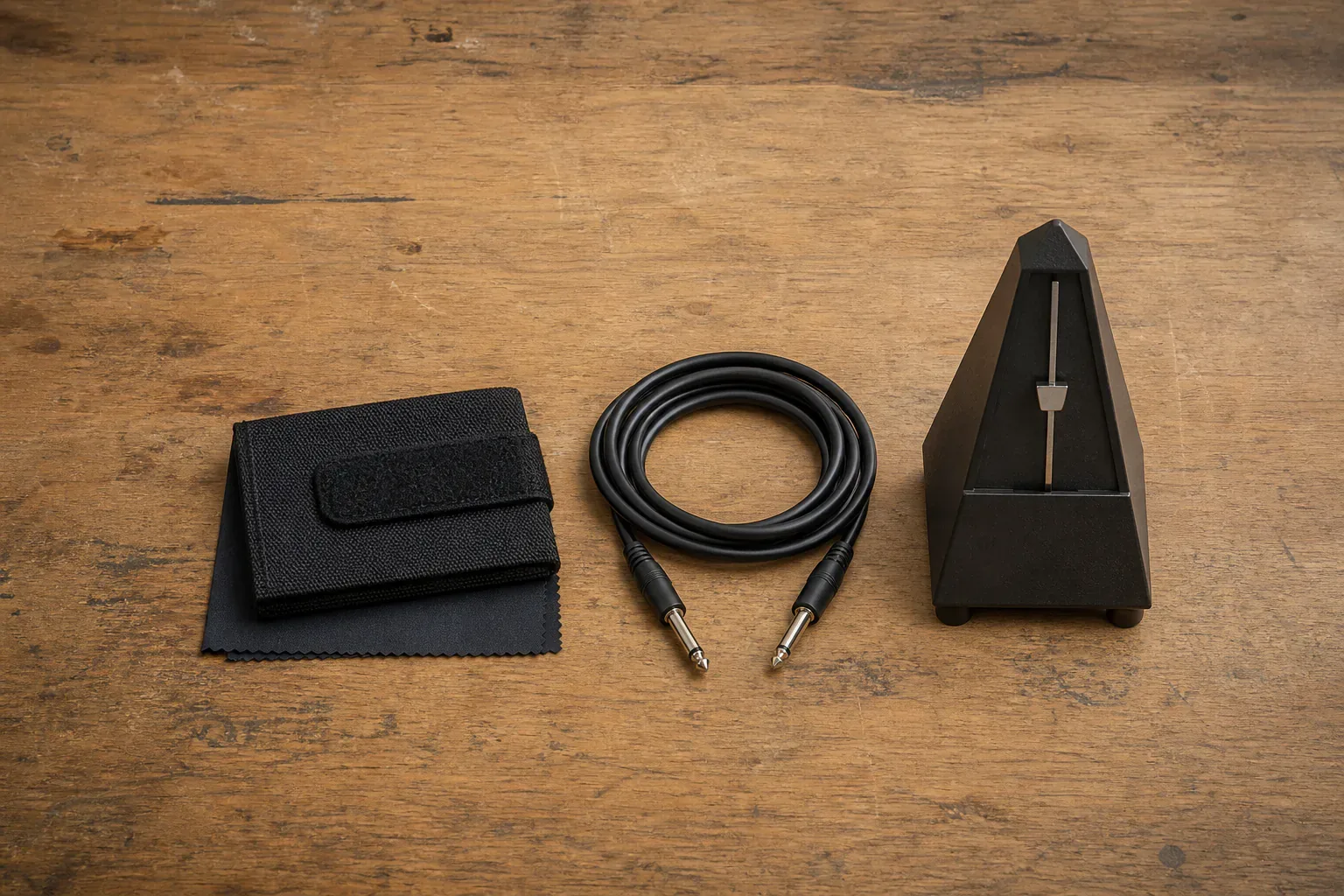 Blank mechanical metronome, folded pouch and coiled instrument cable arranged on a wooden floor