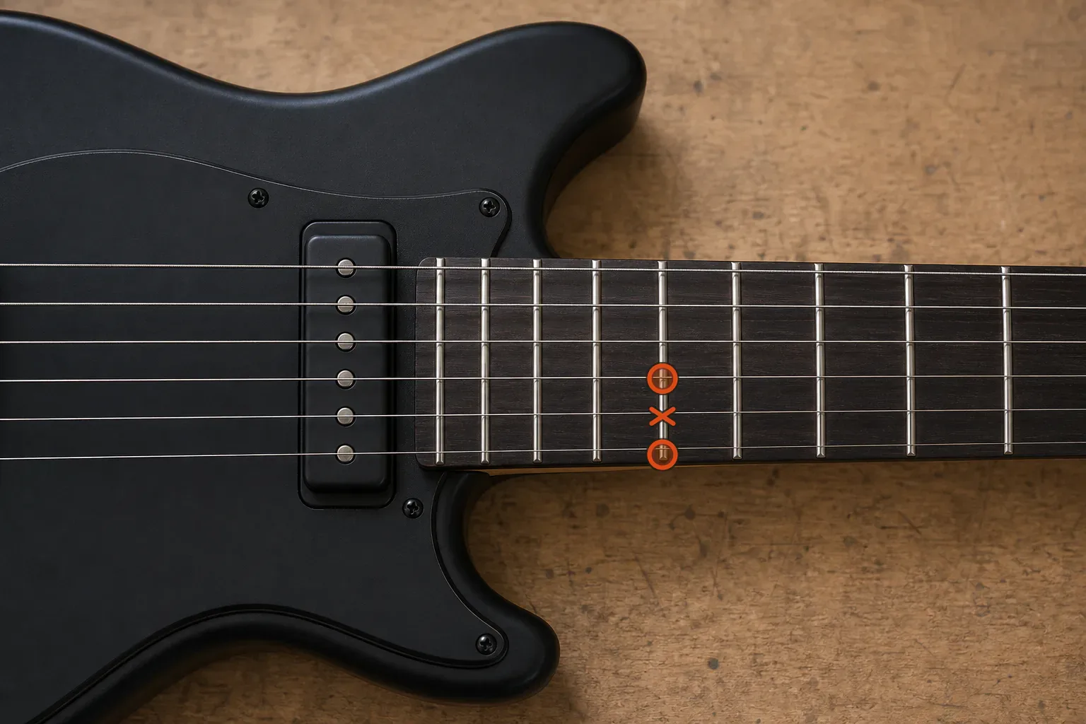 Six-string electric guitar fretboard with orange circles on two strings and a cross on the string between them