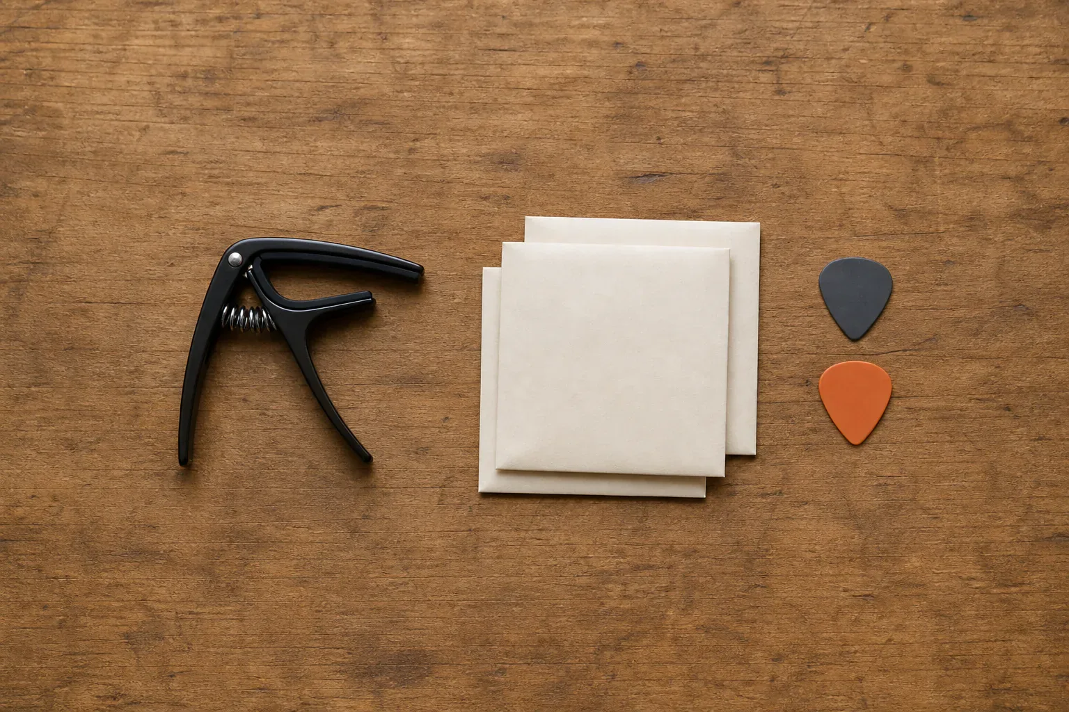 Trigger capo, two guitar picks and folded blank practice papers arranged on a wooden bench
