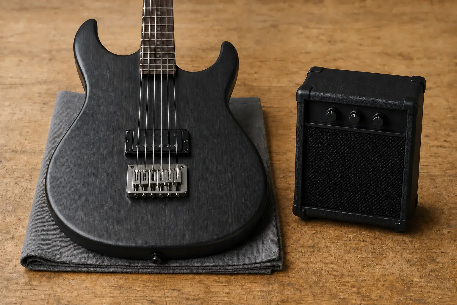 Unplayed six-string electric guitar beside a small unbranded practice amplifier with three control knobs