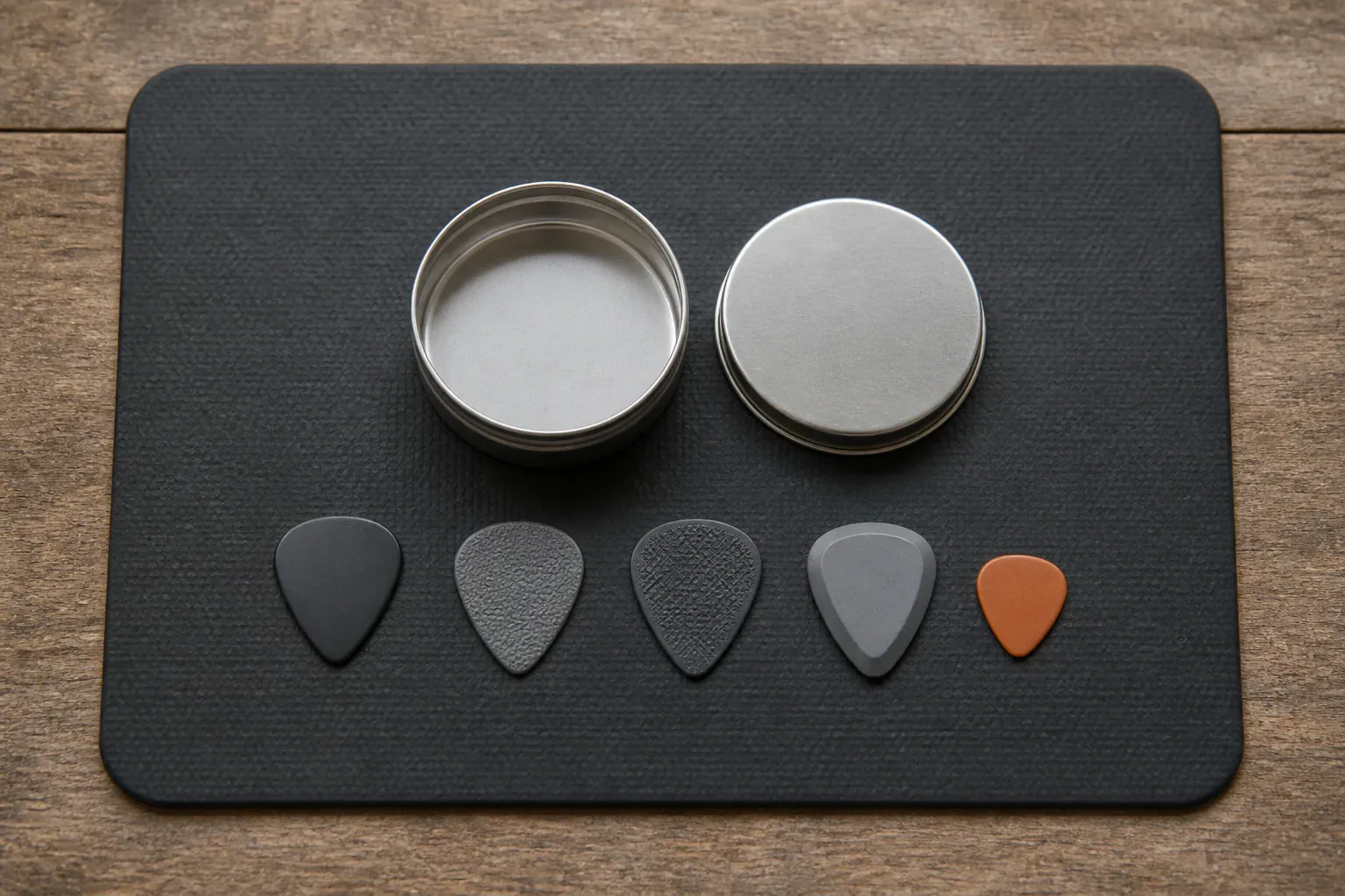 Five guitar picks with different textures arranged beside an open unbranded metal pick tin