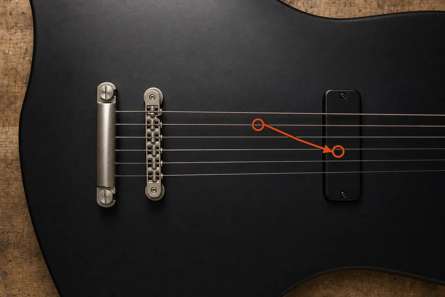 Six-string electric guitar bridge with orange target circles joined by a controlled picking route