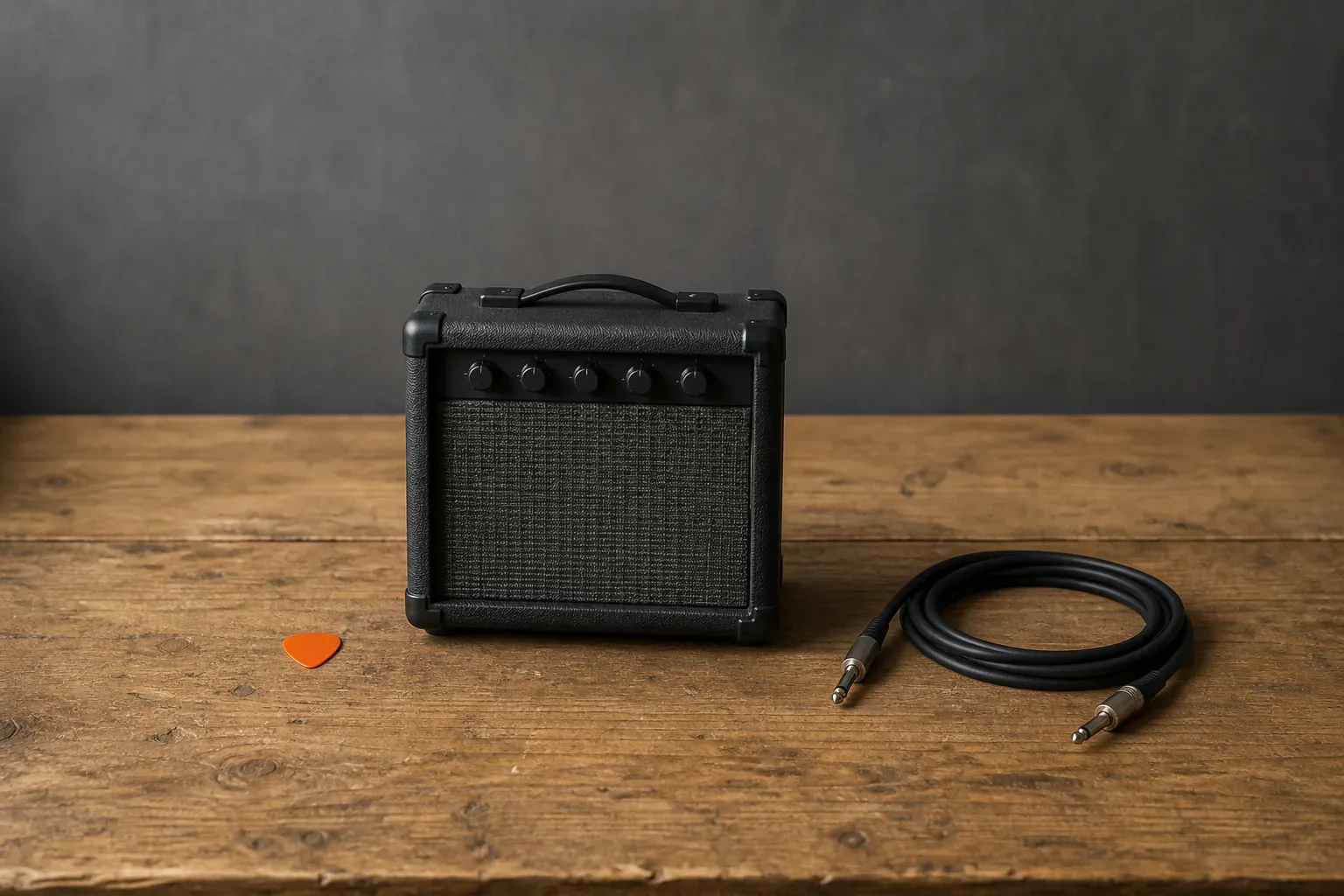Unbranded five-control practice amplifier, orange guitar pick and coiled cable on a wooden bench