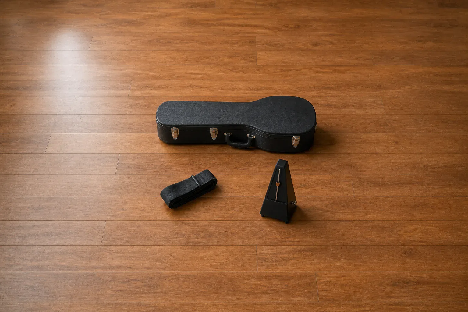 Closed guitar case, folded strap and blank mechanical metronome arranged on a studio floor