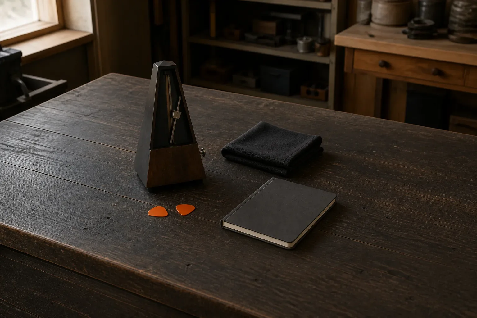 Blank mechanical metronome, two guitar picks, folded cloth and closed notebook on a wooden bench