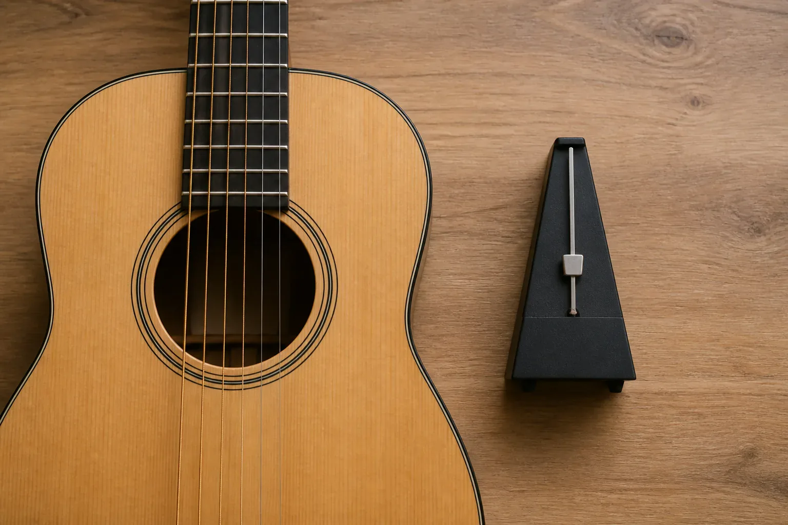 Six-string acoustic guitar beside a blank mechanical metronome on a wooden practice surface