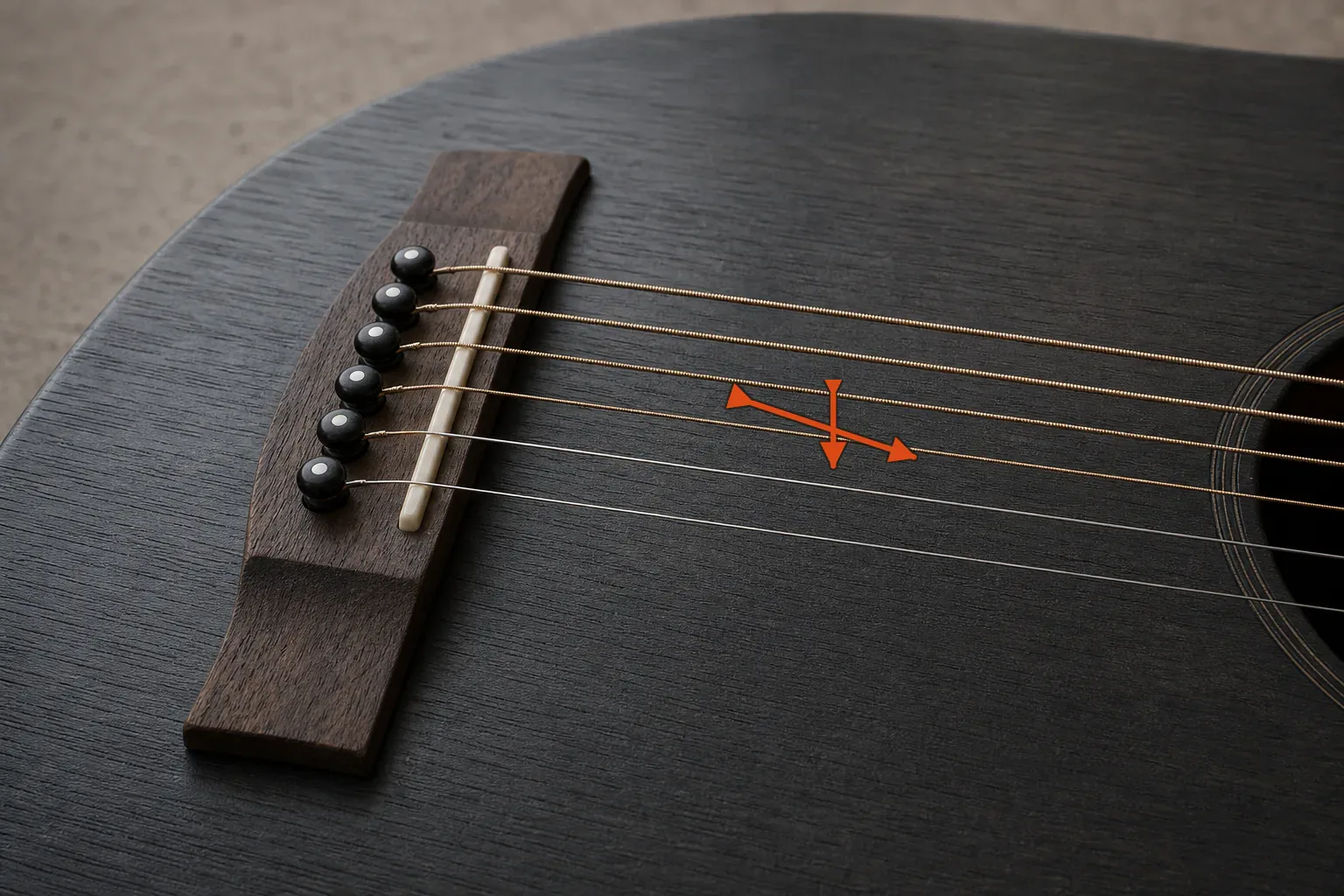 Six acoustic guitar strings above the bridge with orange axes marking pick angle and depth