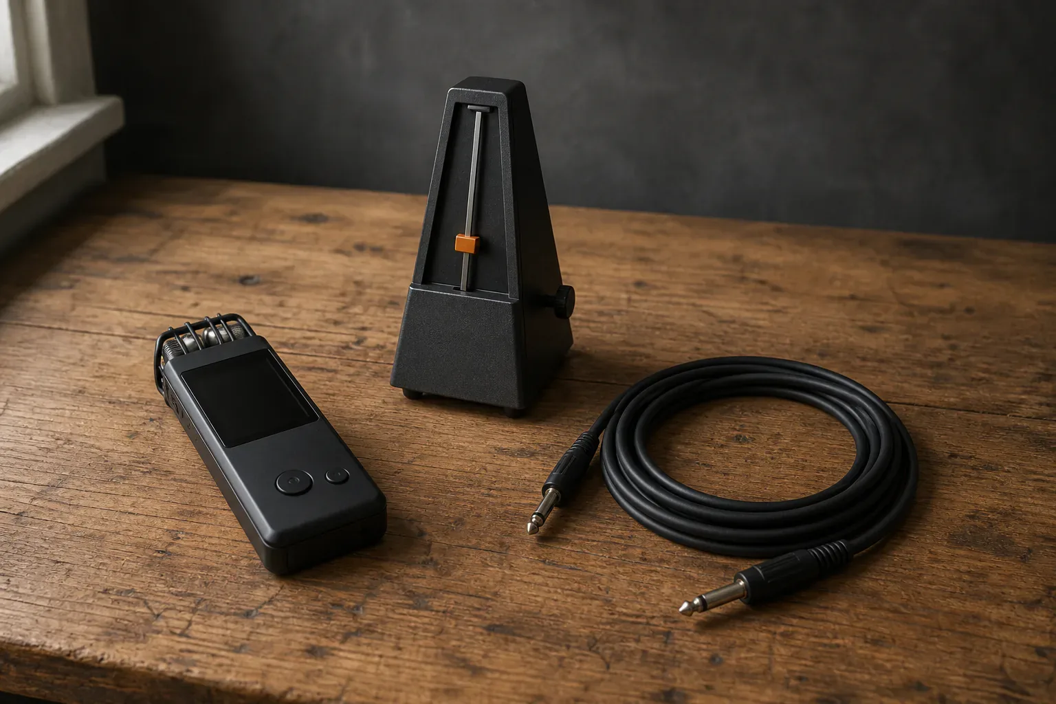 Blank handheld recorder, mechanical metronome and coiled instrument cable on a wooden bench