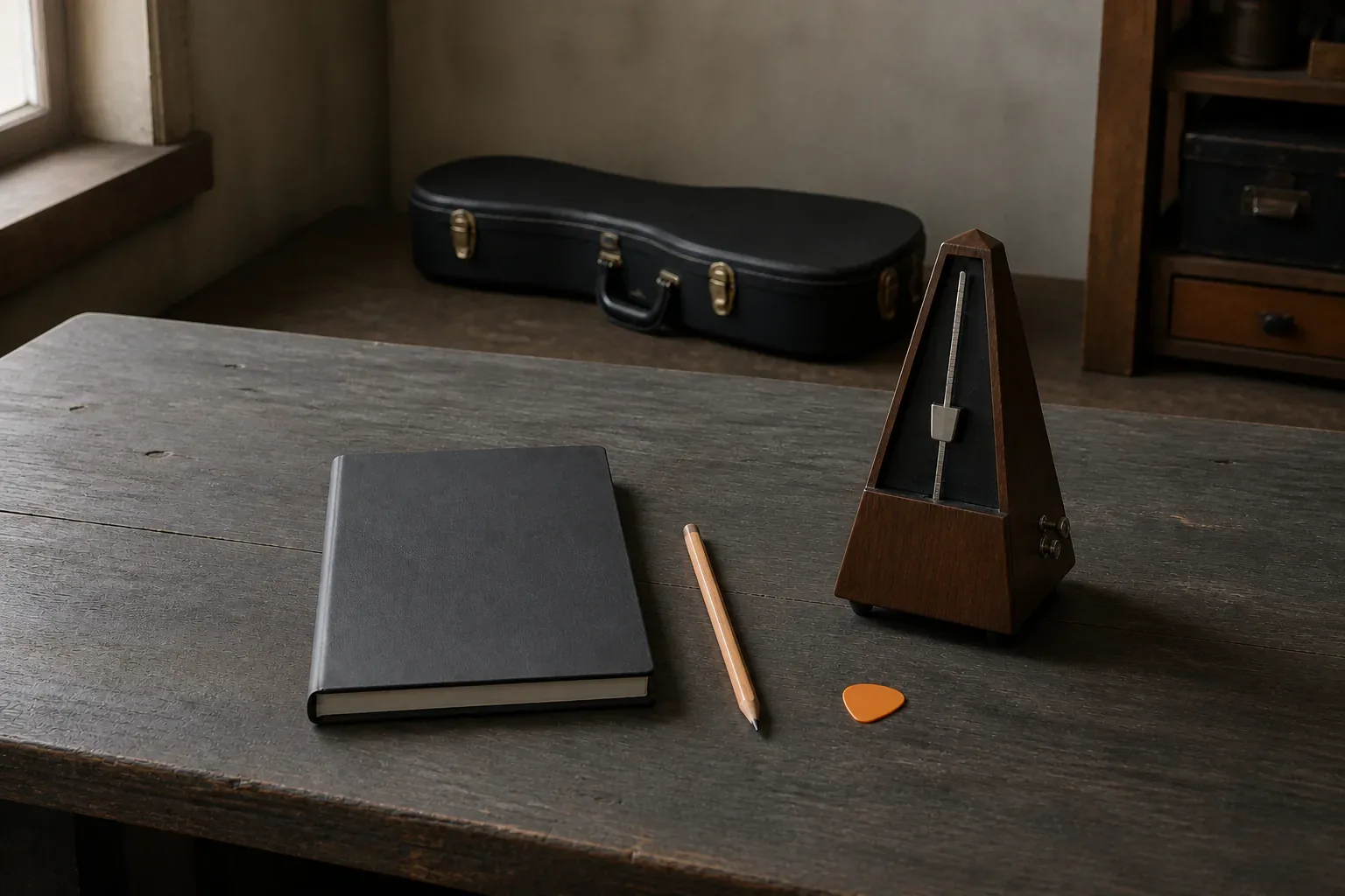 Blank mechanical metronome, notebook, pencil and pick beside a closed guitar case