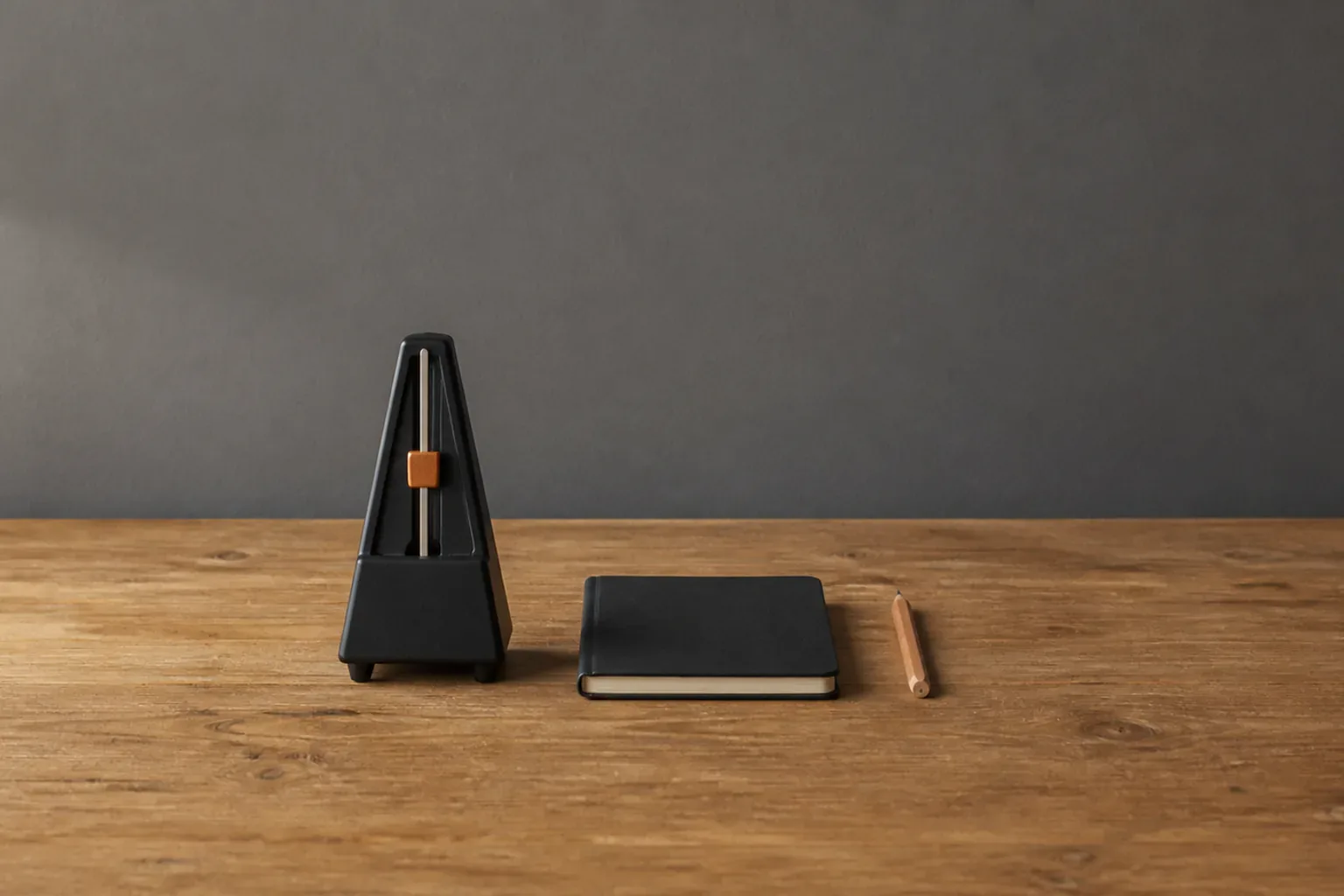 Blank mechanical metronome, closed notebook and plain pencil arranged on a wooden practice bench