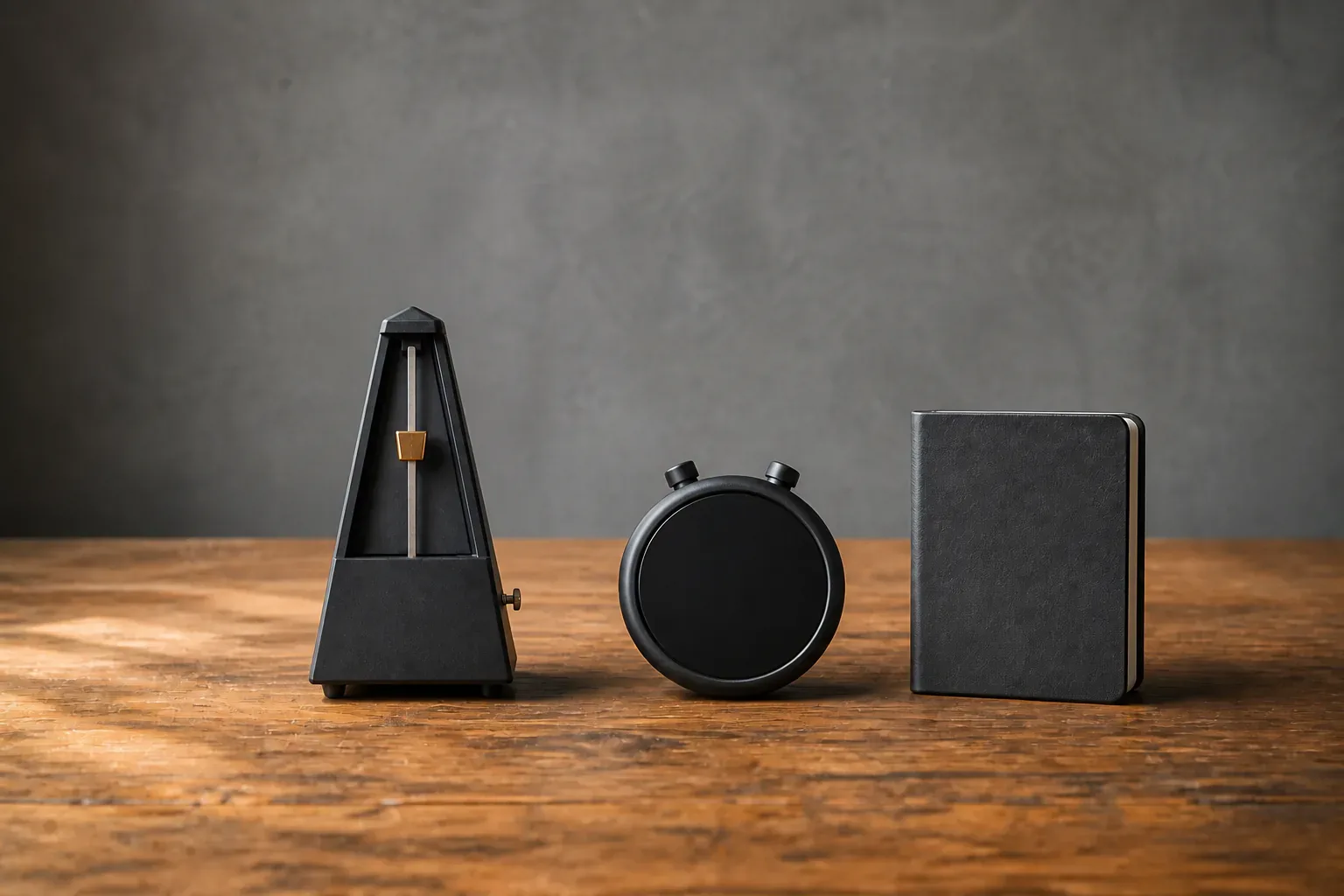 Blank mechanical metronome, circular timer and closed notebook on a wooden practice bench