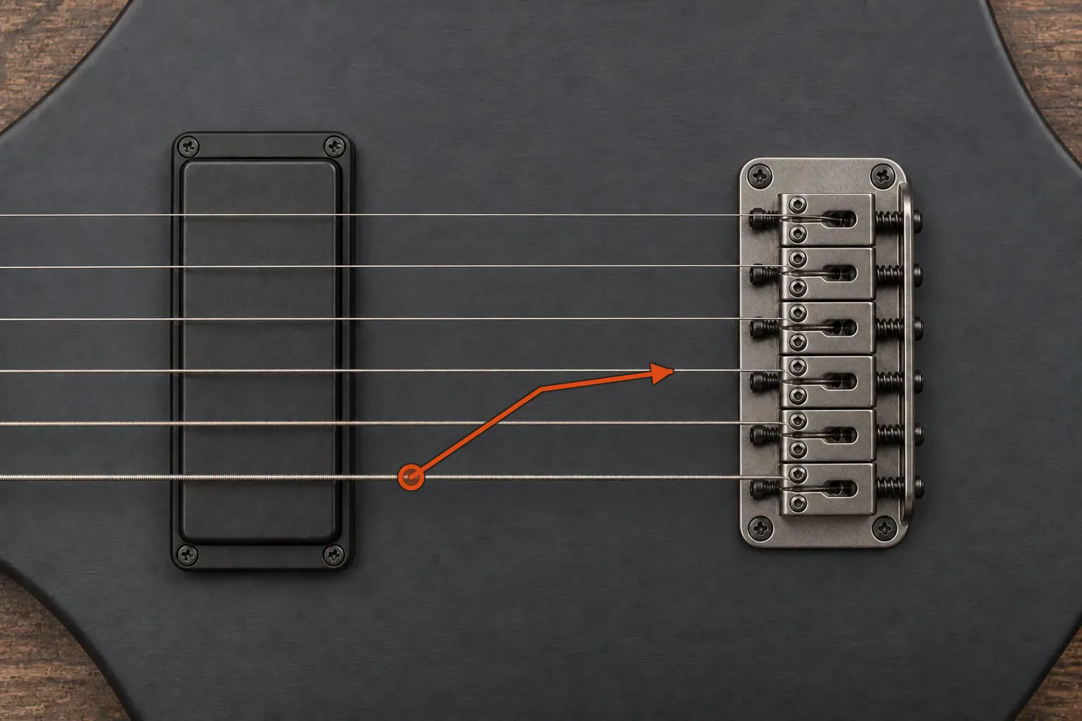 Six electric guitar strings with an orange route moving from the lowest string over one skipped string to the next target string
