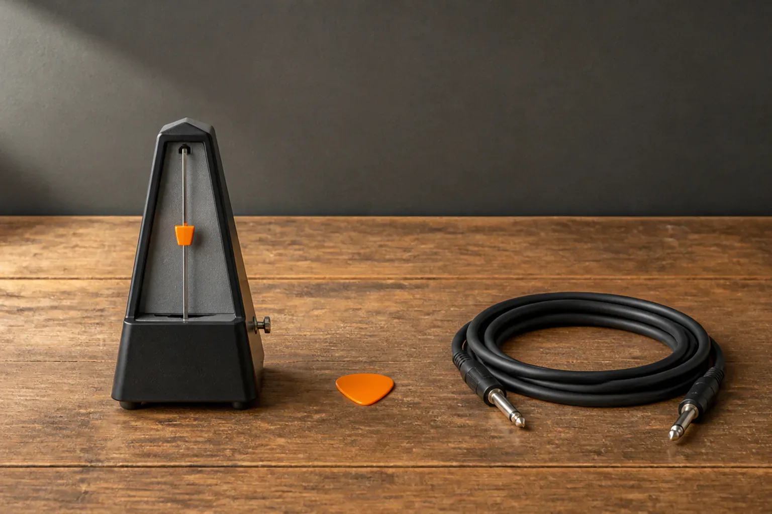 Blank mechanical metronome, orange guitar pick and coiled cable arranged on a wooden bench