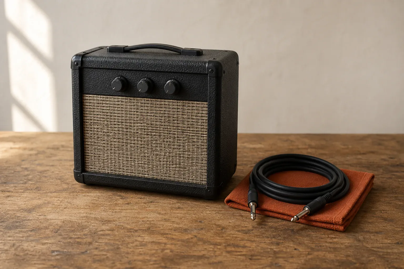 Small unbranded three-control practice amplifier and coiled cable on a wooden bench