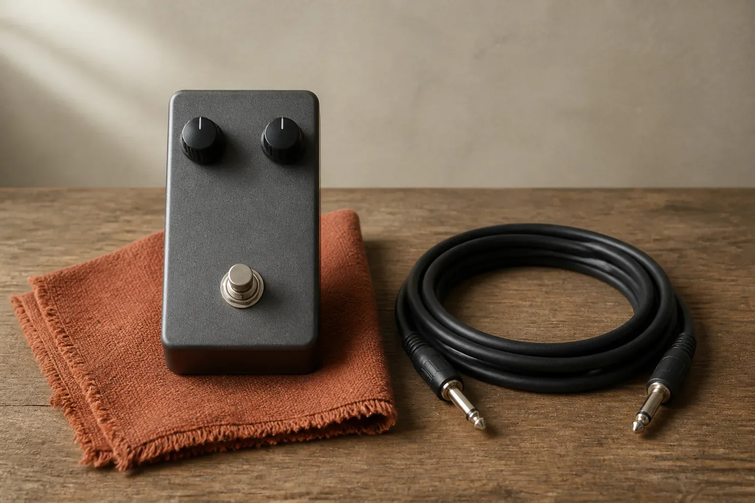 Blank two-control guitar pedal and a separate coiled instrument cable on a wooden bench
