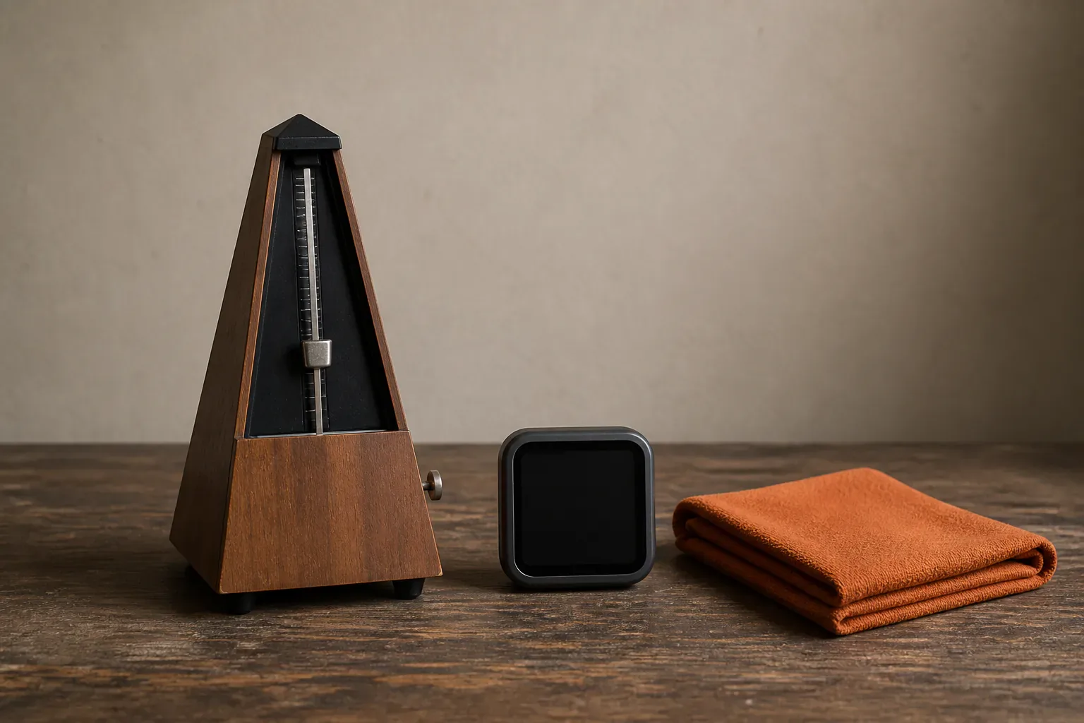 Blank mechanical metronome, small blank timer and folded cloth on a wooden bench