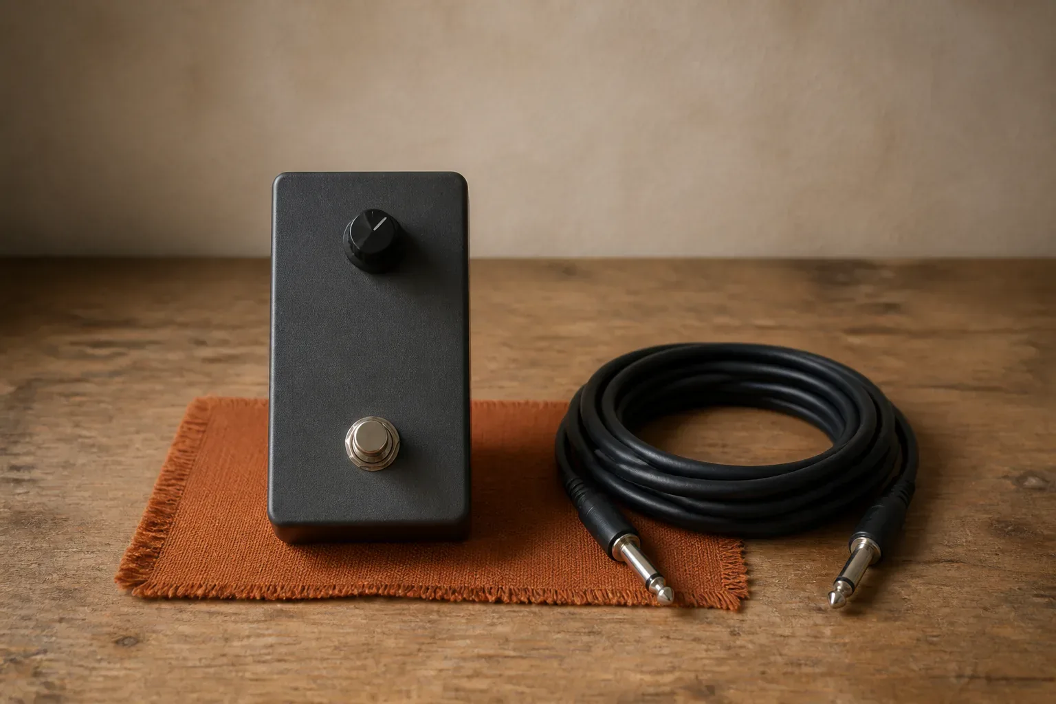 Blank one-control guitar pedal, folded cloth and coiled instrument cable on a wooden bench