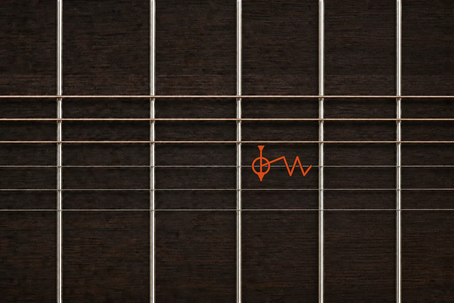 Six guitar strings crossing five evenly spaced frets with orange vibrato width and pulse markers