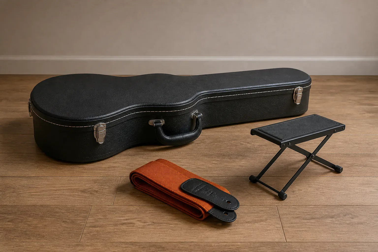 Closed guitar case, low folding footstool and broad folded strap on a neutral studio floor
